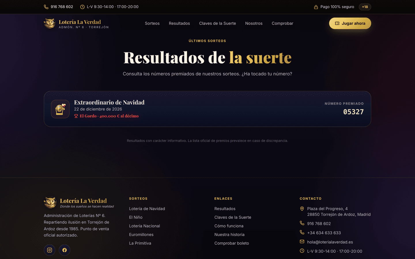 Página de resultados de los sorteos